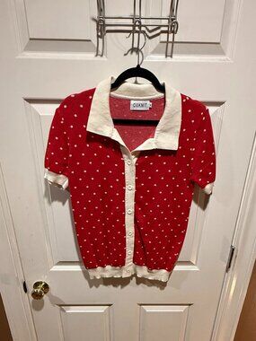 OXKNIT Red White Polka Dot Short Sleeve Knit Cardigan Sweater